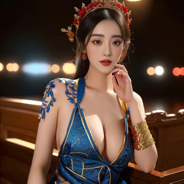 Close-up of woman in red and gold dress, traditional beauty, Sukhothai dress, Dilraba Dilmurat, traditional, Southeast Asia that has existed for a long time, Inspired by Tang Di, Wear elegant clothes, Wear a luxurious royal robe., According to Thawan Duchanee's style, Luxurious robes of red and gold, traditional dress, Decorated with smooth gold.