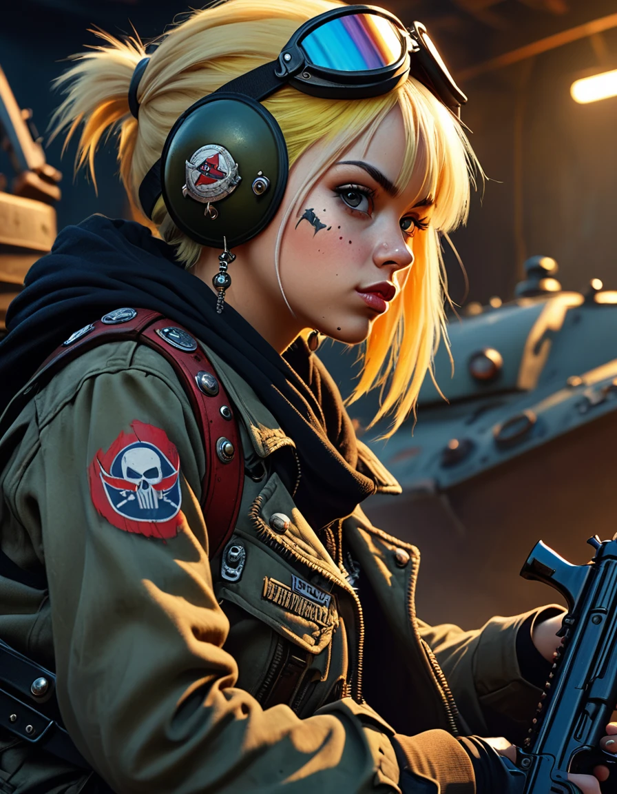 tank girl character, punk, blonde, with piercings, wearing a helmet, holding a shotgun, sitting on a tank, (best quality, 4k, 8k, high resolution, masterpiece: 1.2), ultra detailed, (realistic, photorealistic, photorealistic: 1.37 ), oil painting, art inspired by Skottie Young and Bill Sienkiewicz, detailed facial features, piercings, punk, brave military aesthetic, worn and rugged look, dramatic lighting, cinematic composition, vibrant colors, moody atmosphere.
