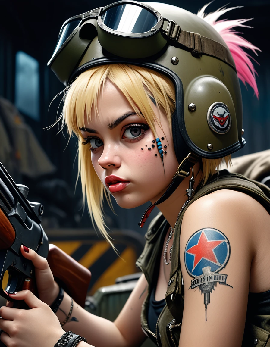 tank girl character, punk, blonde, with piercings, wearing a helmet, holding a shotgun, sitting on a tank, (best quality, 4k, 8k, high resolution, masterpiece: 1.2), ultra detailed, (realistic, photorealistic, photorealistic: 1.37 ), oil painting, art inspired by Skottie Young and Bill Sienkiewicz, detailed facial features, piercings, punk, brave military aesthetic, worn and rugged look, dramatic lighting, cinematic composition, vibrant colors, moody atmosphere.