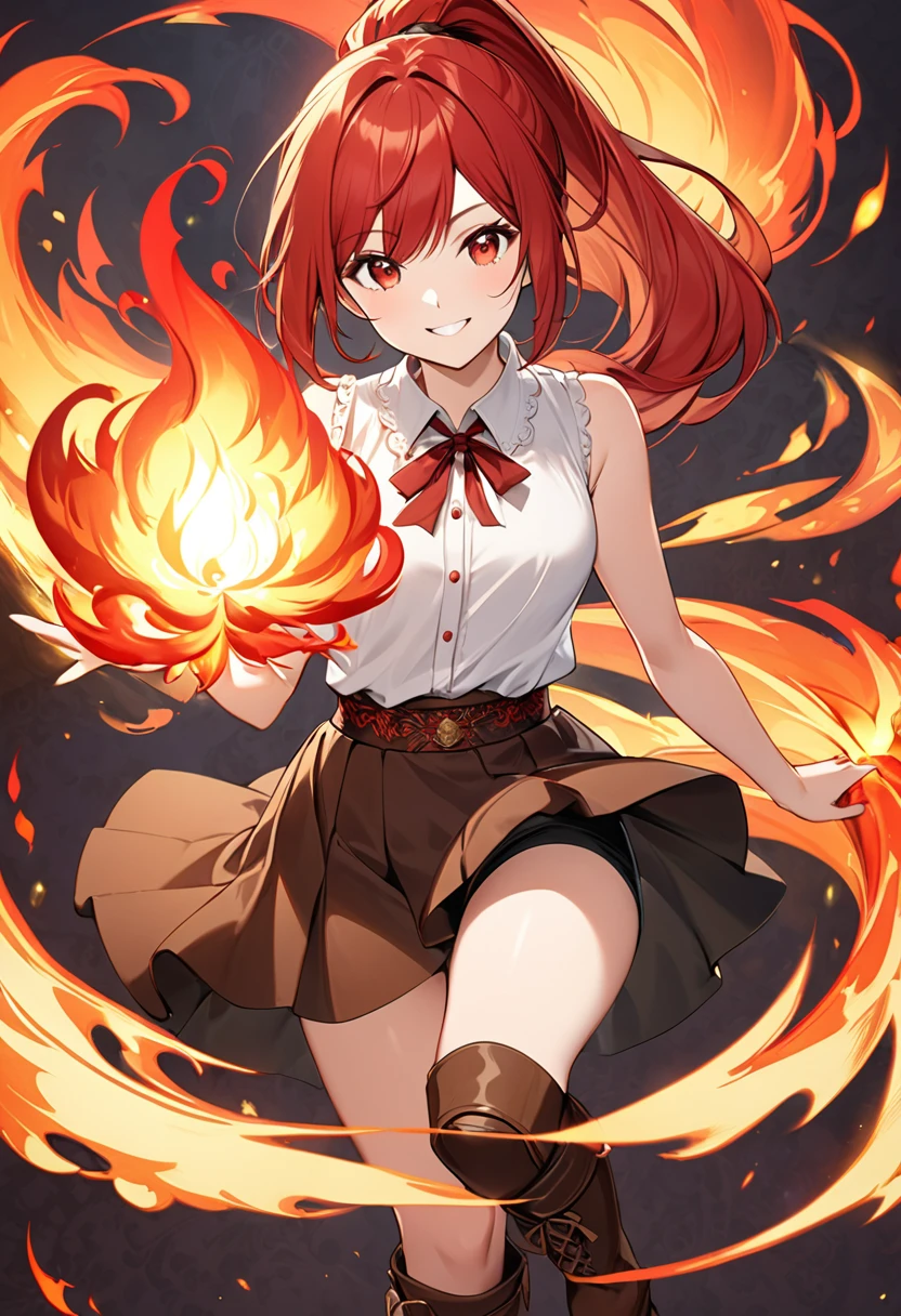 20 years old girl, long red hair, wears a ponytail, red eyes, always smiling. She dresses in an antique style, wearing a short brown skirt with black shorts underneath, ending above the knees. She wears knee-high brown boots. Her white blouse is sleeveless and features red details. She possesses fire powers and has a fire-themed background."