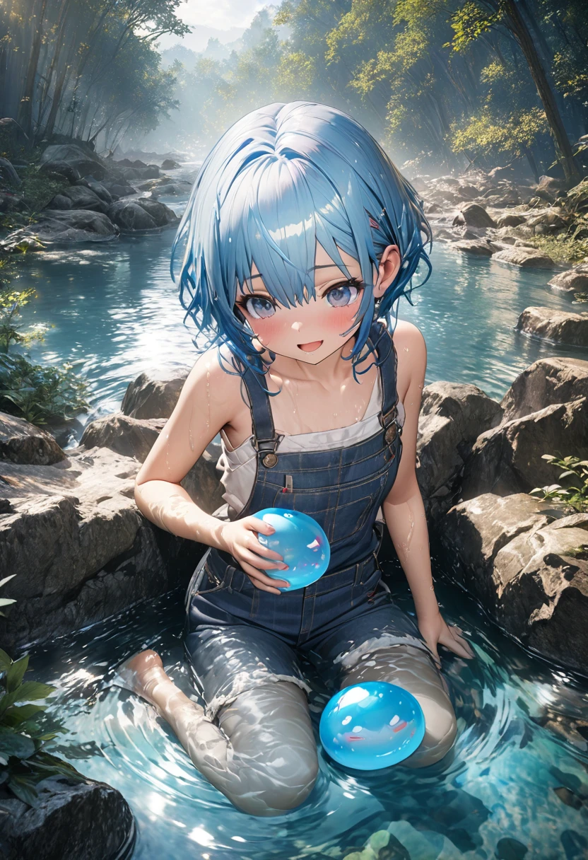masterpiece, best quality, extremely detailed CG unity 8k wallpaper, a little blue haired boy sits on the banks of a crystal clear blue river in the middle of a natural forest. A cute translucent slime with a lot of expressions is bathing. This is a very cool anime illustration. Realistic representation of water flow. Octane's overall style, 3D art