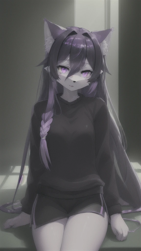 (masterpiece:1.3), (2D, anime, illustration:1.0), (sharp:1.2), (hard light, shadow:1.0), (reflection, refraction:0.8), (light rays, dappled light, light glare, lens flare, Tyndall effect, clear, shiny:1.0), (best quality:1.2), (ultra-detailed, extremely intricate:1.0), (cinematic light,ray tracing), (bright_colors,dark_intense_shadows), (impasto,colorful:1.2), (long_hair:1.4), whjite hair, ((black stripes on body)), ((grey fur)), ((black sclera, purple iris)), ((female wolf))