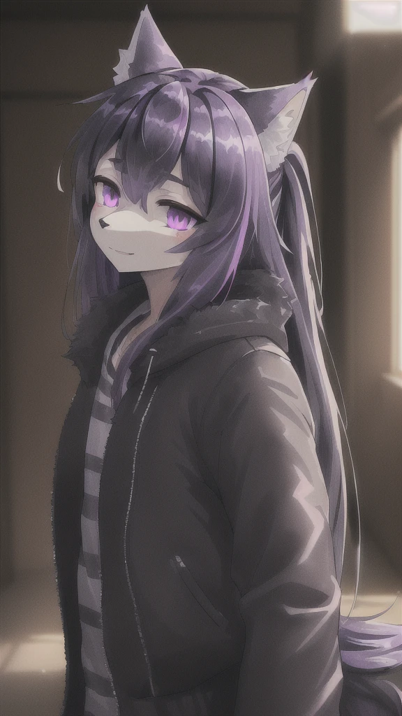 (masterpiece:1.3), (2D, anime, illustration:1.0), (sharp:1.2), (hard light, shadow:1.0), (reflection, refraction:0.8), (light rays, dappled light, light glare, lens flare, Tyndall effect, clear, shiny:1.0), (best quality:1.2), (ultra-detailed, extremely intricate:1.0), (cinematic light,ray tracing), (bright_colors,dark_intense_shadows), (impasto,colorful:1.2), (long_hair:1.4), whjite hair, ((black stripes on body)), ((grey fur)), ((black sclera, purple iris)), ((female wolf))