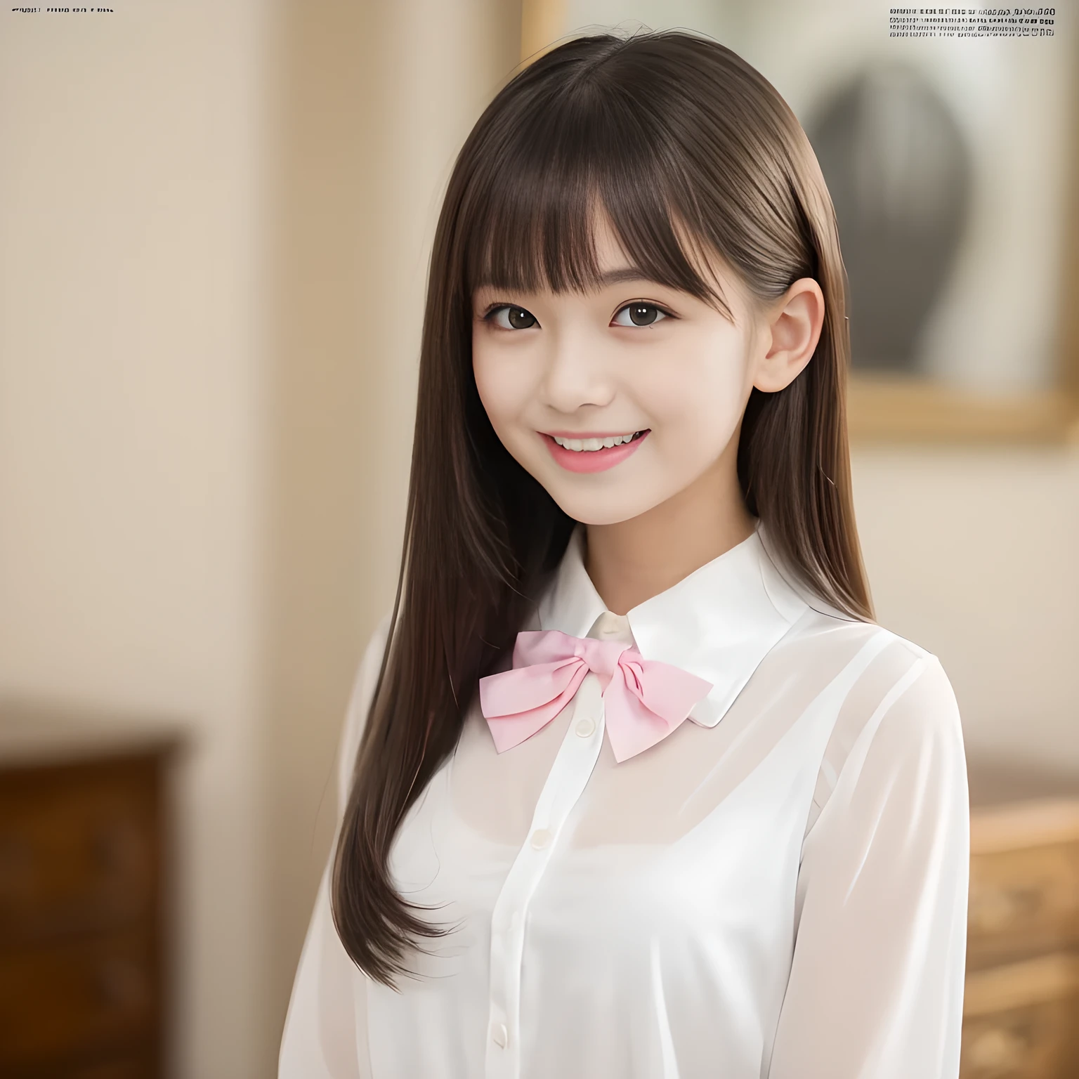 (highest quality, masterpiece:1.2), highest quality, High resolution, 1080P, 8K, Height: 158cm, ((A noble and intelligent girl like Japanese cute girly lady is hypnotizing and giggling, A very sweet, very noble, pretty and neat Japanese beautiful cute girl. Realistic very girly sweet cute princess)), ((((************ fashion magazine model)))), ((((White face with plump cheeks)))), Glossy lips, (Evenly cut bangs), ((Very beautifully laughing dark brown drooping gooey eyes)), (The very large, shiny, wide yellow ribbon bow-tie on her chest is very cute)., ((straight black very very long straight hair)), (((pink colored blouse))), (A neat red and pink sailor school uniform), Very lustrous, glossy lips, Open hand over open mouth, Beautiful hair like a hair model, yellow hair ribbons, rosy colored long skirt, Watching the viewer and laughing, ((Incredibly well organized, The expression is rich. plump and beautiful skin and face)), ((Pure and clear sweetly smiling eyes)), Long eyelashes, ((smiling at me)), Glossy Lips, ((noble and neat)), ((Like a succubus is fascinating with magic and giggling)), ((filled with pinky magical evil fascinating spells)), ((up-curved lips)), ((looking at the viewer)) 