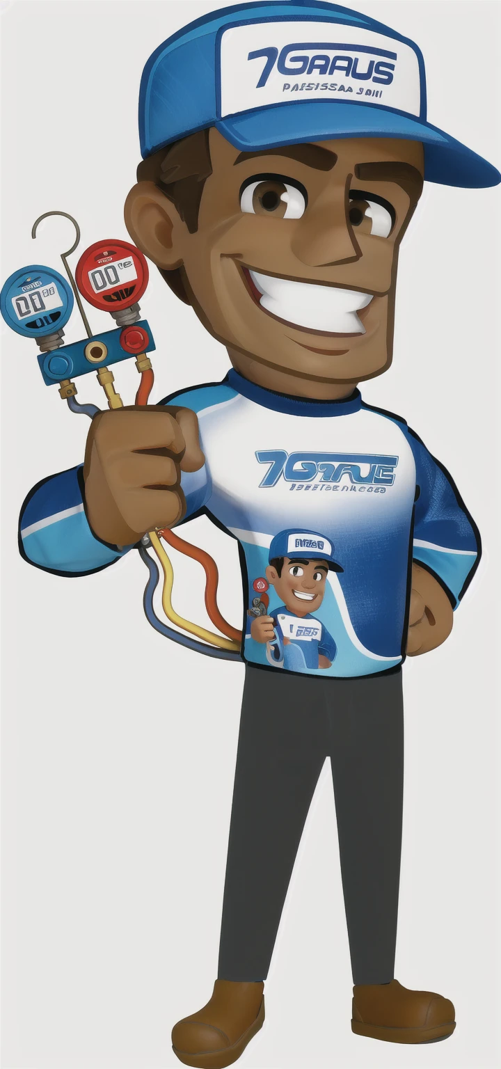 3d, Masterpiece artwork, disney pixar style man holding a pressure gauge, wearing cap, long sleeve shirt, mascote de corpo inteiro, official character illustration, wearing plumber uniform, Mascot Illustration, detailed illustration, caricature, promotional rendering