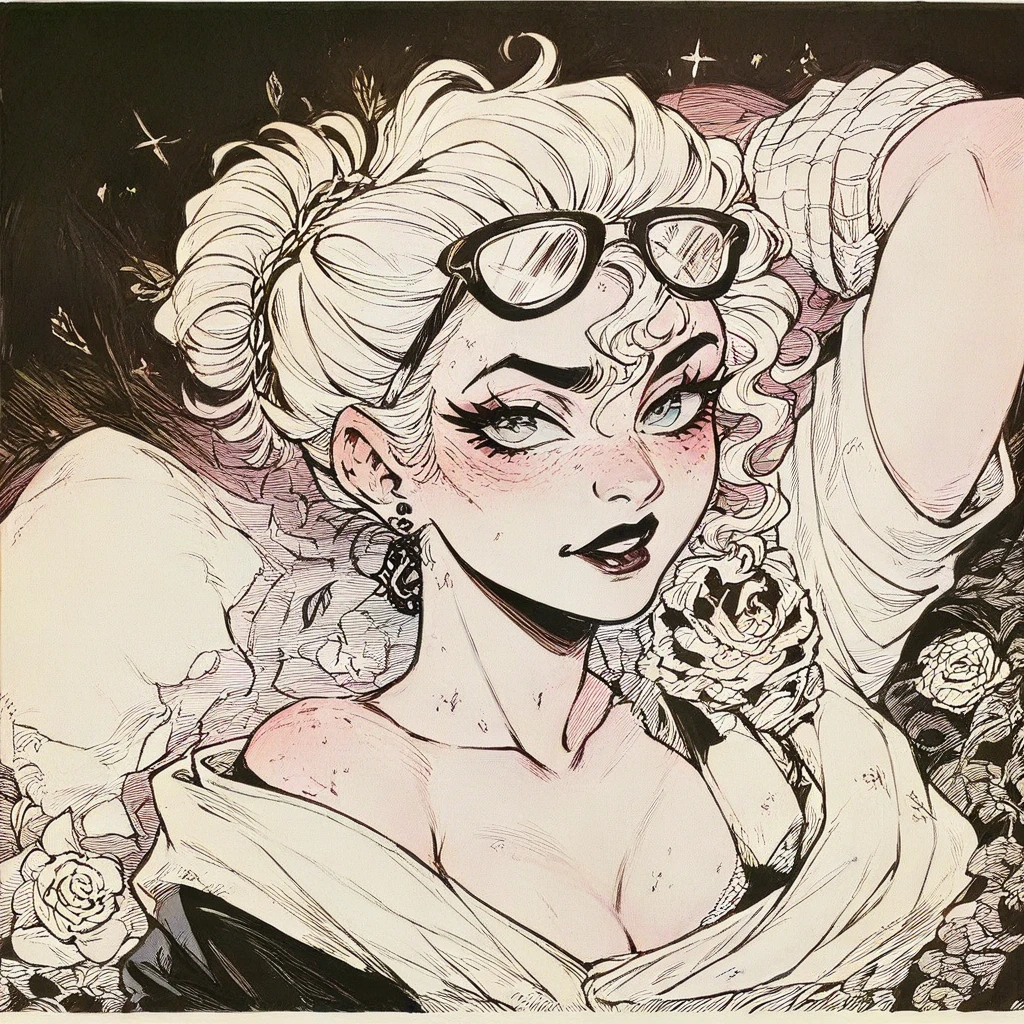 A woman with her glasses on top of her head is having trouble finding something、Marker Outline、EdobHorrorLandscape