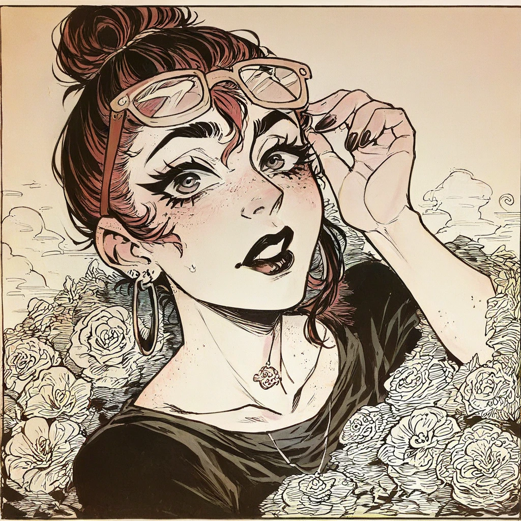 A woman with her glasses on top of her head is having trouble finding something、Marker Outline、EdobHorrorLandscape