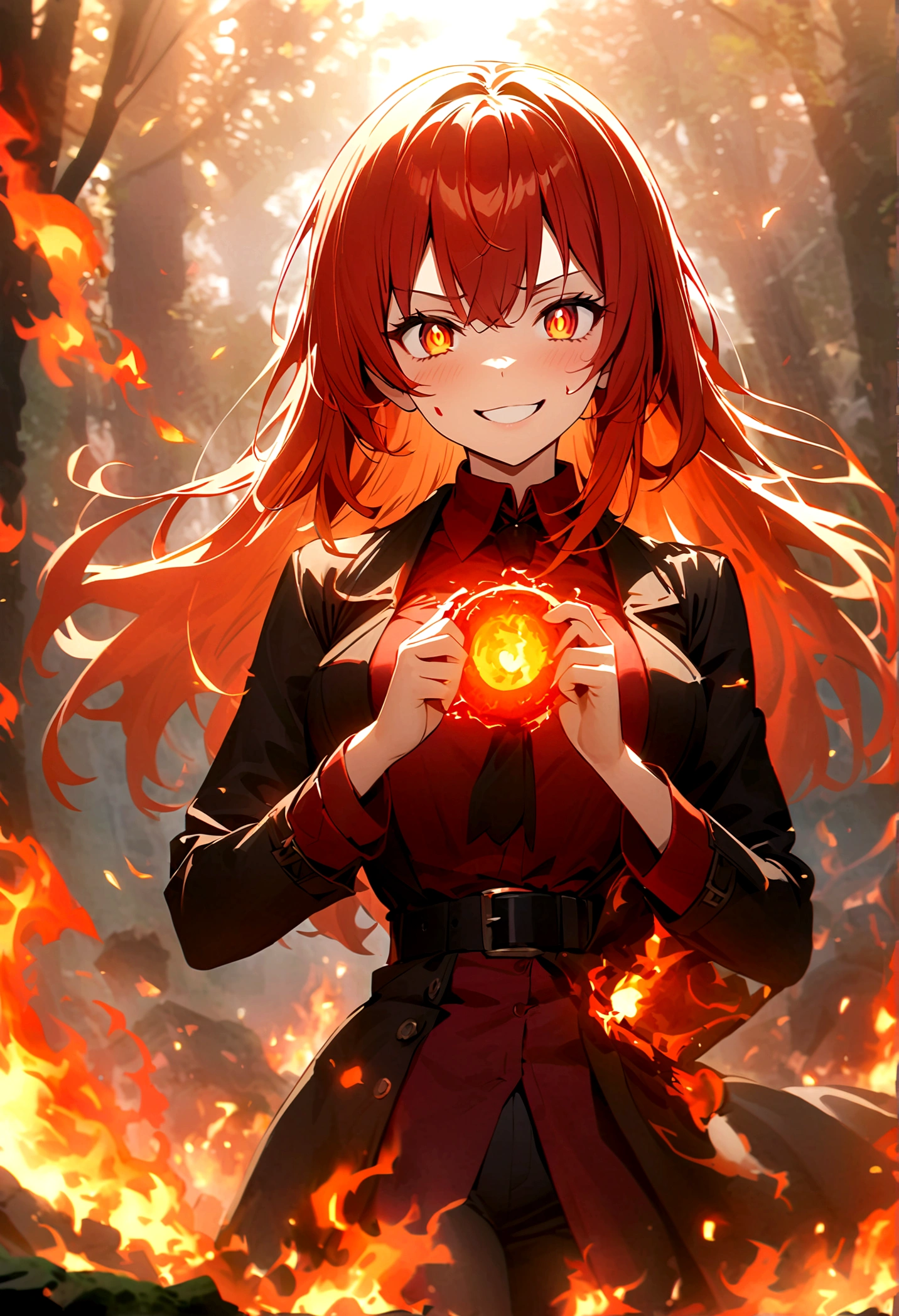 Anime girl with long red hair mixed with orange hair wearing red shirt and black jeans with black belt and a black tall coat as she has a scary smile on her face her orange eyes has red sun pupils as she's surrendered by flaming chains as there's a lot of fire in the face as she keeps a scary smile as the forest is on fire as she's holding flaming chains and there's a lot of flaming chains around the area as she's torturing a goblin by tie him with the flame chains and burning him 