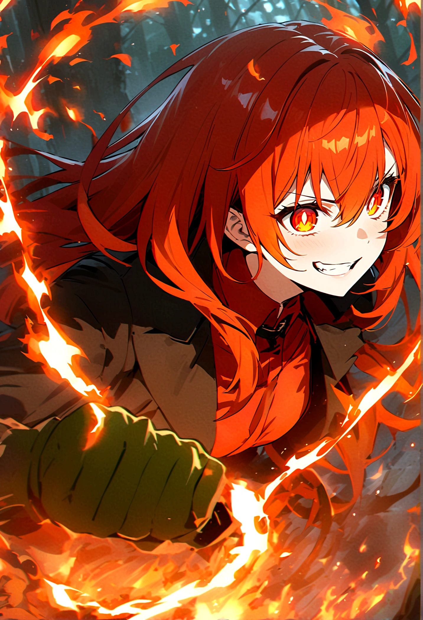 Anime girl with long red hair mixed with orange hair wearing red shirt and black jeans with black belt and a black tall coat as she has a scary smile on her face her orange eyes has red sun pupils as she's surrendered by flaming chains as there's a lot of fire in the face as she keeps a scary smile as the forest is on fire as she's holding flaming chains and there's a lot of flaming chains around the area as she's torturing a goblin by tie him with the flame chains and burning him 