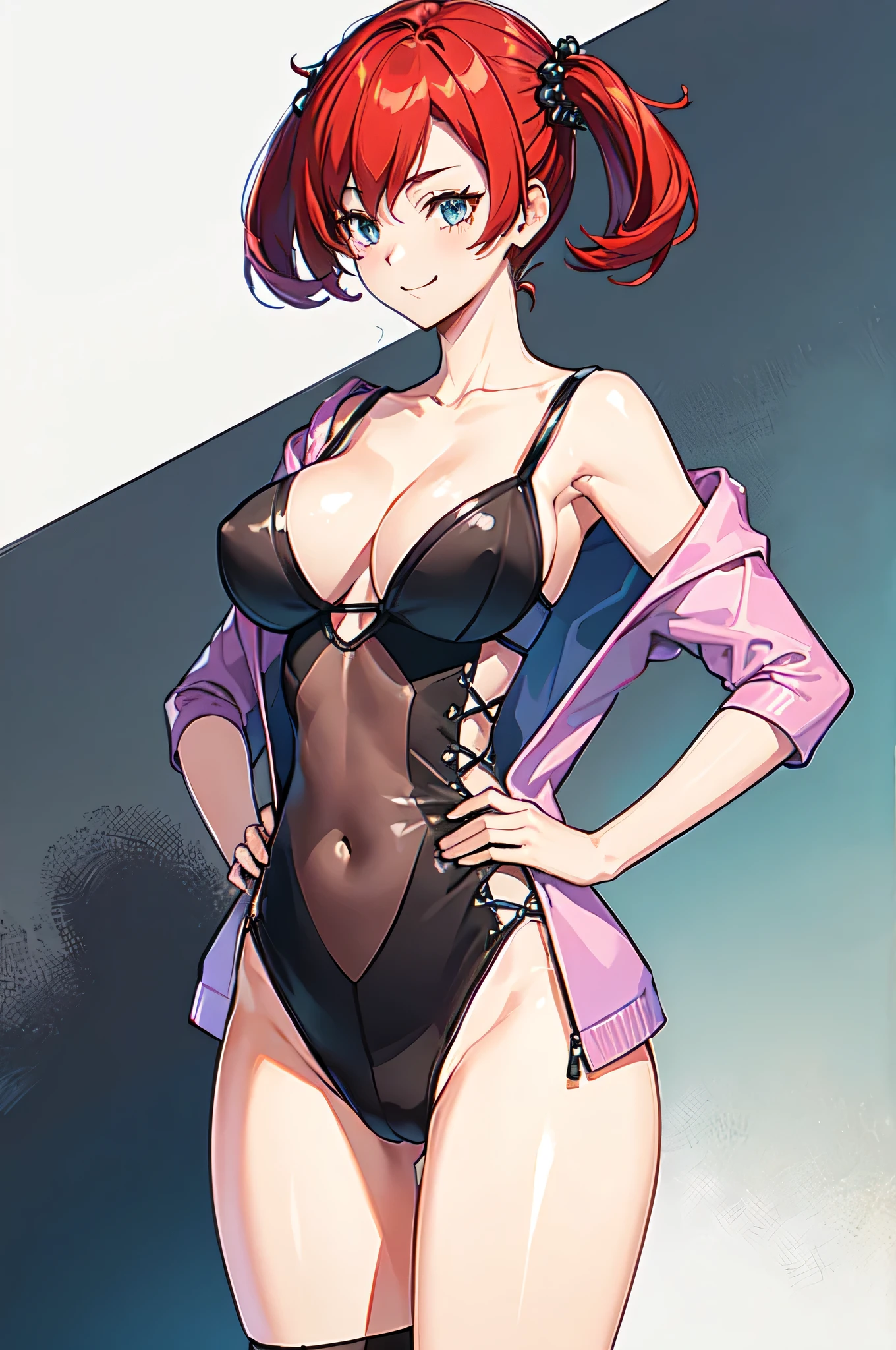 smile、Straight、(Put your hands on your hips,:1.3)、1woman、solo、DSCS-Nokia、Red hair、Short Hair、Short Twin Tails、Pink leotard、leotard top with an camisole、Pink jacket、leotard bottom with an high leg、hair ornaments、Big Breasts、cleavage、A woman with very large breasts、Black knee socks、absurdes、ultra detailed、masterpiece、Highest quality、beautiful、detailed、