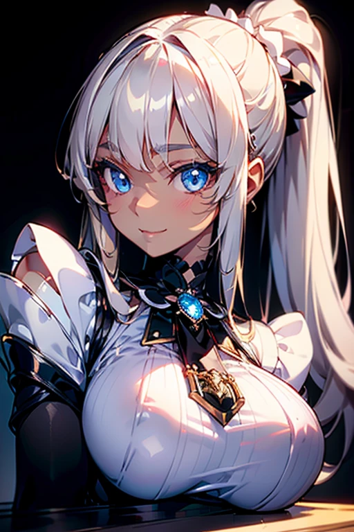 Portrait、、Bright expression、ponytail、Young, shiny, glossy skin、Gloss Face、Shining Cheek Gloss、Small Face Beauty、The best beauty、The dazzling light of silky silver hair、Bright blonde hair with dazzling highlights、Very beautiful silver hair、super long silky straight hair、Her shiny, beautiful bangs are covering her eyes.、Sparkling, clear, attractive, bright, large, pale blue eyes、Very big eyes、eyeliner、very beautiful lovely cute 16 year old girl、(huge Bust:1.6), full body , smile , (dark skin :1.3), wearing white ta