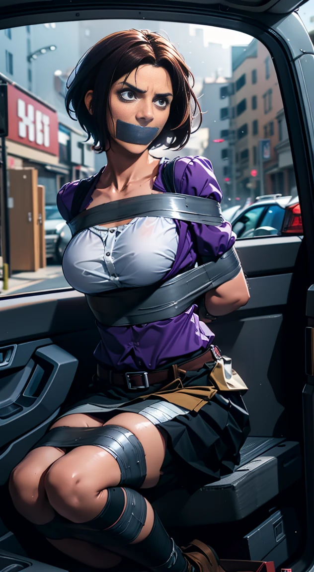 Highest quality, masterpiece, high resolution, 8k, cinematic lighting, sharp resolution, medium shot, 1 woman with chin length hair, short hair, dark bob cut, thick hair, center part, underc, stacked bob, voluminous hair, luxurious hair, in her 30s, purple blouse, knee length, skirt, dark stockings, and calf boots, baggy blouse, wrinkled clothing, detailed face, looking at viewer, focus on face, photo realistic, character, video game cut scene, smooth, anime, detailed face, perfect skin, beautiful, Insanely detailed, close up, taped mouth, ((tape gag): 1.4), gag, ((gagged)), (((arms bound behind back))), elbows taped, wrists taped, desperate struggle, thrashing, arched back, in vehicle, in car seat, being taken away, driven away, abducted, frightened, pleading eyes, desperate escape attemp