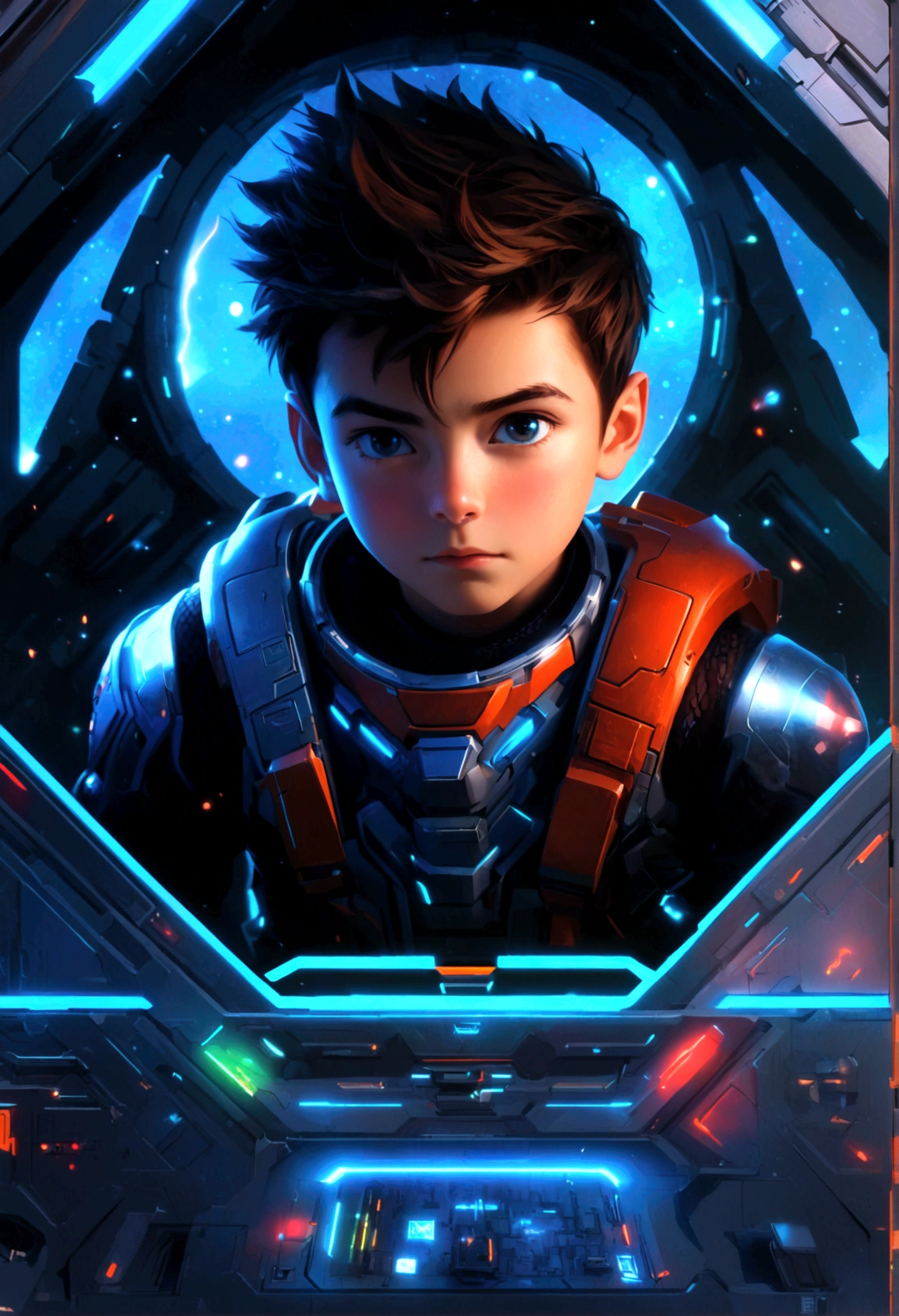 Sci-fi world，a boy，High-quality graphics，MasterpieceBREAKAlien，Space War，Strategic Base，Cockpit，brave warrior，laser weapon