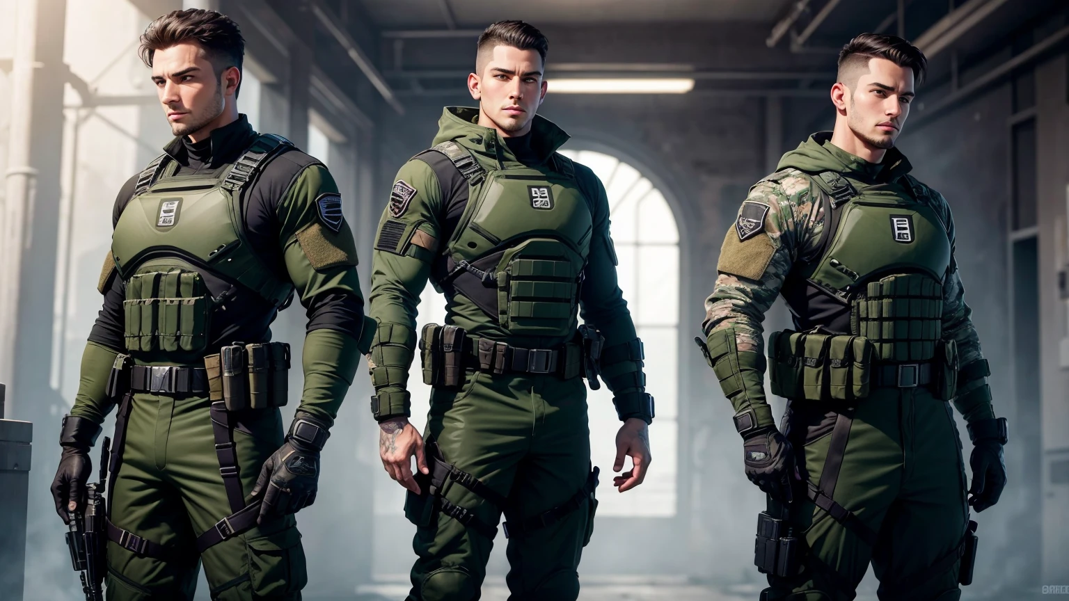 1 man, 25-year old, character of the game Cal of Duty Modern Warfire stands calmly, wearing green camouflage combat suit, (black bulletproof vest: 1.3), black half-gloves, (grenade belt: 1.3), stunning, tall, Dark hair, buzz cut, (full length:1.5), (three-quarters turned:1.2)