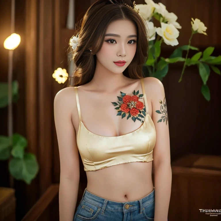 Close-up of a woman in a gold dress and a crown on her head., traditional beauty, Sukhothai dress, Thai girl anime, traditional outfit, According to Thawan Duchanee&#39;s style, Wear a luxurious silk dress, Thai art, traditional clothing beautiful asian girl,stereoscopic 8k,45 high quality colored lights,000,000,000 pixels, photo, post-trade photo, animation, beautiful portrait,