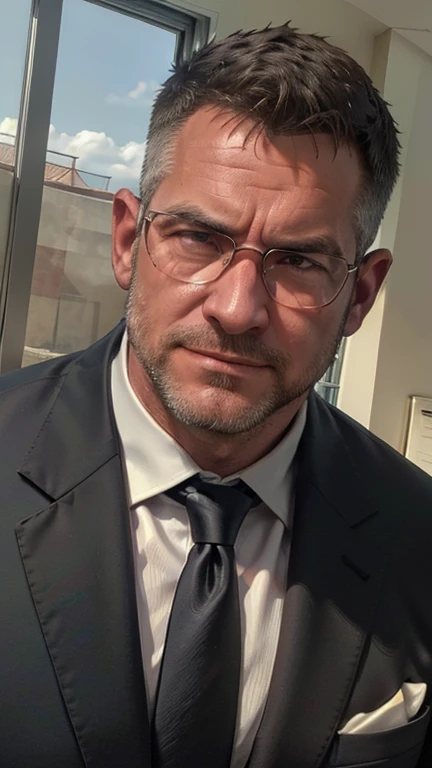 An award-winning original photo，A wild muscular man, (40 years old daddy:1.1), 1boy, Solo, (black suit), (white dress shirt), (red print necktie), (big shoulders), musculature, stubbles, Short beard, squinting eyes under the sunlight:1.3, ), (Detailed face:1.3), wearing glasses, slight smirk, Dynamic Angle, volumetric lighting, (Best quality, A high resolution, Photorealistic), Cinematic lighting, Masterpiece, RAW photo, Intricate details, hdr, depth of field, upper body shot