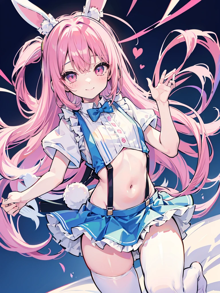 anime style,shota,pink long hair,fluffy bunny ears waitress,
(Reliable blue suspenders for hanging frilly miniskirts),(bare navel and stomach),on bed,smile,