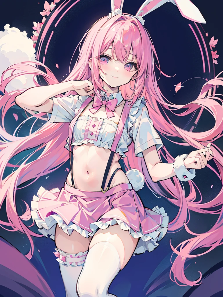 anime style,shota,pink long hair,fluffy bunny ears waitress,
(Reliable blue suspenders for hanging frilly miniskirts),(bare navel and stomach),on bed,smile,