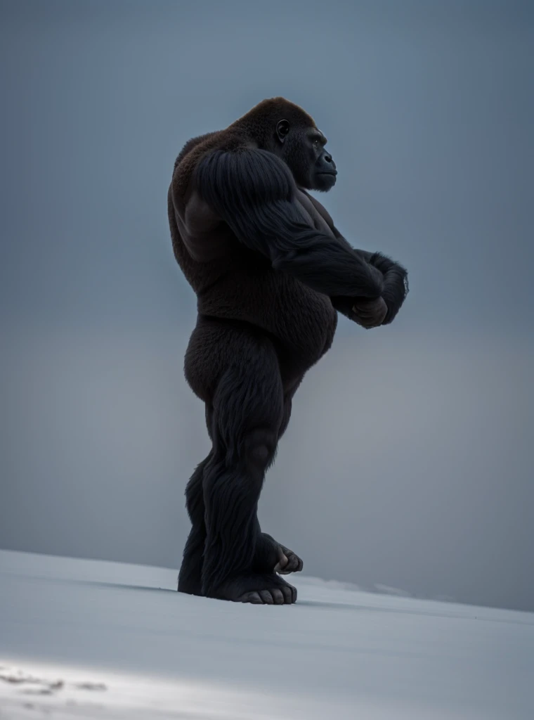 arafed gorilla standing on its hind legs with a white background, gorilla, distant full body view, bigfoot, big foot, full body wide shot, whole body highly detailed, like gorilla, sasquatch,muscular, strong body, full body profile, 1/2 view realistic, full body shot hyperdetailed, highly detailed full body, ( sasquatch, full body close-up shot