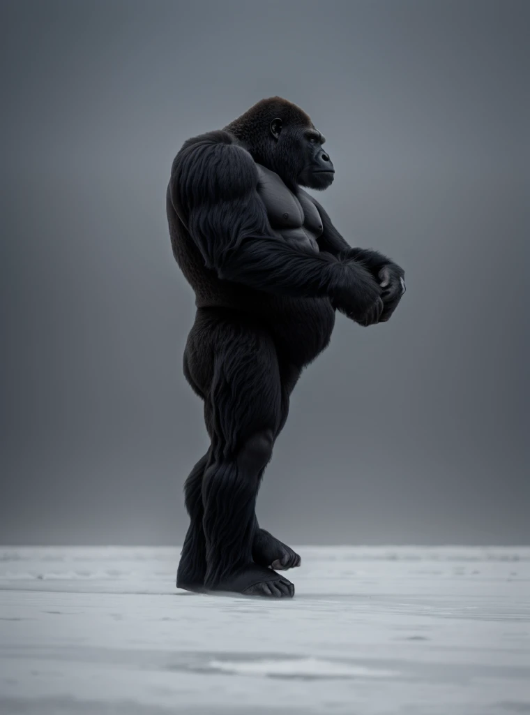 arafed gorilla standing on its hind legs with a white background, gorilla, distant full body view, bigfoot, big foot, full body wide shot, whole body highly detailed, like gorilla, sasquatch,muscular, strong body, full body profile, 1/2 view realistic, full body shot hyperdetailed, highly detailed full body, ( sasquatch, full body close-up shot