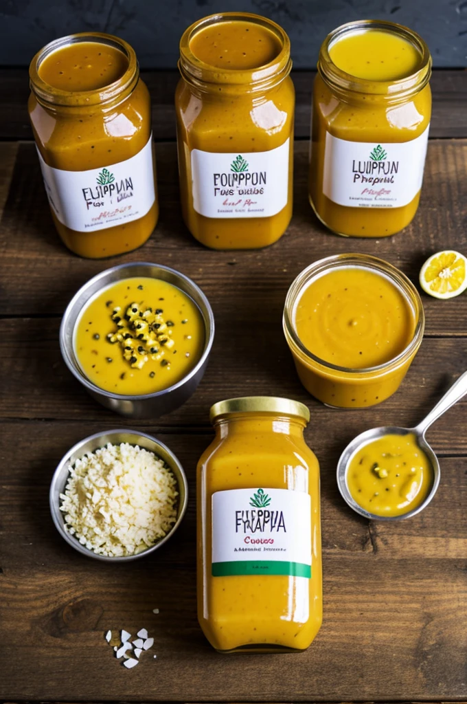 Passion fruit and pineapple sauces with the FRUTOPIA logo LLUVIA DE FLAVORS
