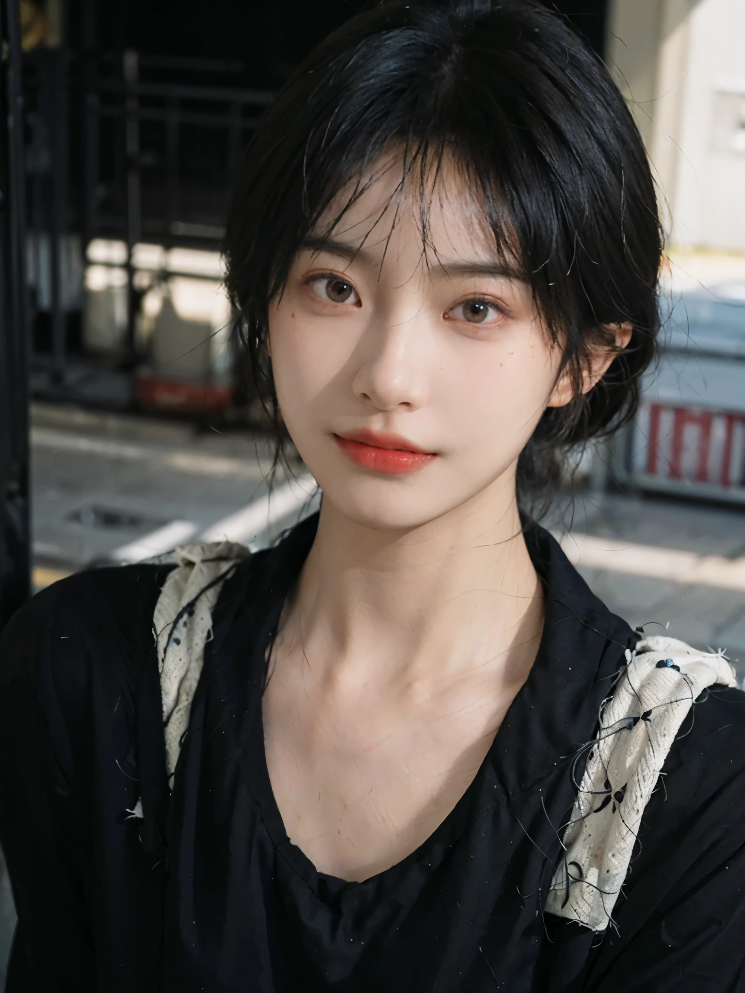 (Skin details:1.4), (smooth skin textures:1.3), （Upper Body：1.4），（Upper Body：1.3)，(Black clothes:1.4)，Lipstick, background, earrings, serene, calm, (Realistic and detailed eyes：1.2）, Natural skin texture, Realistic facial details, Soft dramatic lighting, Vivid details, 35 mm film, outdoor, (Photo Practical:1.4), (hyper Practical:1.4), (Practical:1.3), (Smoother lighting:1.05), (Improve lighting quality:0.9), (Highest quality real skin textures:1.4), Exquisite eyes, Delicate face, Close-up of face, (Enhance the beauty of skin texture:1.1),0Normal body proportions, short hair, Moles under the eyes, A faint smile,Portrait Photography, Depth of Field, Bokeh, Surrealism, Ray Tracing, (Portrait Photography:1.1), Surrealism, High Detail, Chiaroscuro, Ray Tracing, reflected light, Ultra HD, Ultra HD, masterpiece, Textured Skin, Super Detail, High Detail, high quality, best quality