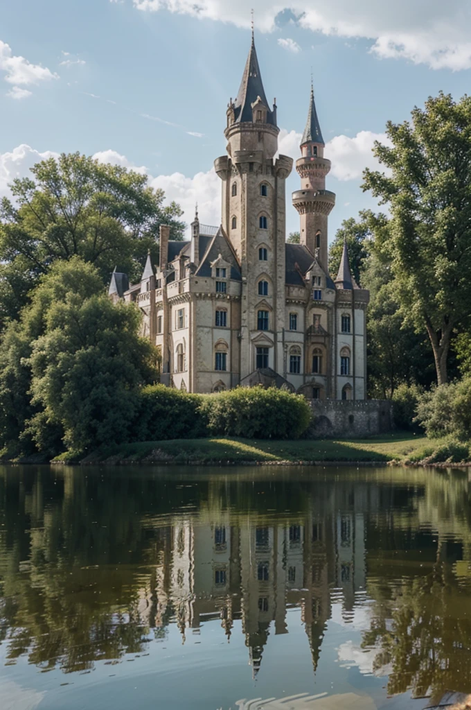 An abandoned castle facing the lake, The reflection hits the water. A place that reflects this in the glory days