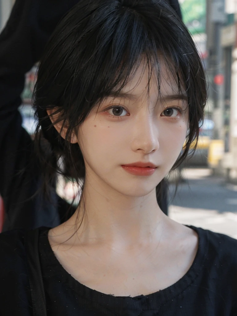 (Skin details:1.4), (smooth skin textures:1.3), (Upper Body:1.4),(Upper Body:1.3),(Black clothes:1.4),Lipstick, background, earrings, serene, calm, (Realistic and detailed eyes:1.2), Natural skin texture, Realistic facial details, Soft dramatic lighting, Vivid details, 35 mm film, outdoor, (Photo Practical:1.4), (hyper Practical:1.4), (Practical:1.3), (Smoother lighting:1.05), (Improve lighting quality:0.9), (Highest quality real skin textures:1.4), Exquisite eyes, Delicate face, Close-up of face, (Enhance the beauty of skin texture:1.1),0Normal body proportions, short hair, Moles under the eyes, A faint smile,Portrait Photography, Depth of Field, Bokeh, Surrealism, Ray Tracing, (Portrait Photography:1.1), Surrealism, High Detail, Chiaroscuro, Ray Tracing, reflected light, Ultra HD, Ultra HD, masterpiece, Textured Skin, Super Detail, High Detail, high quality, best quality