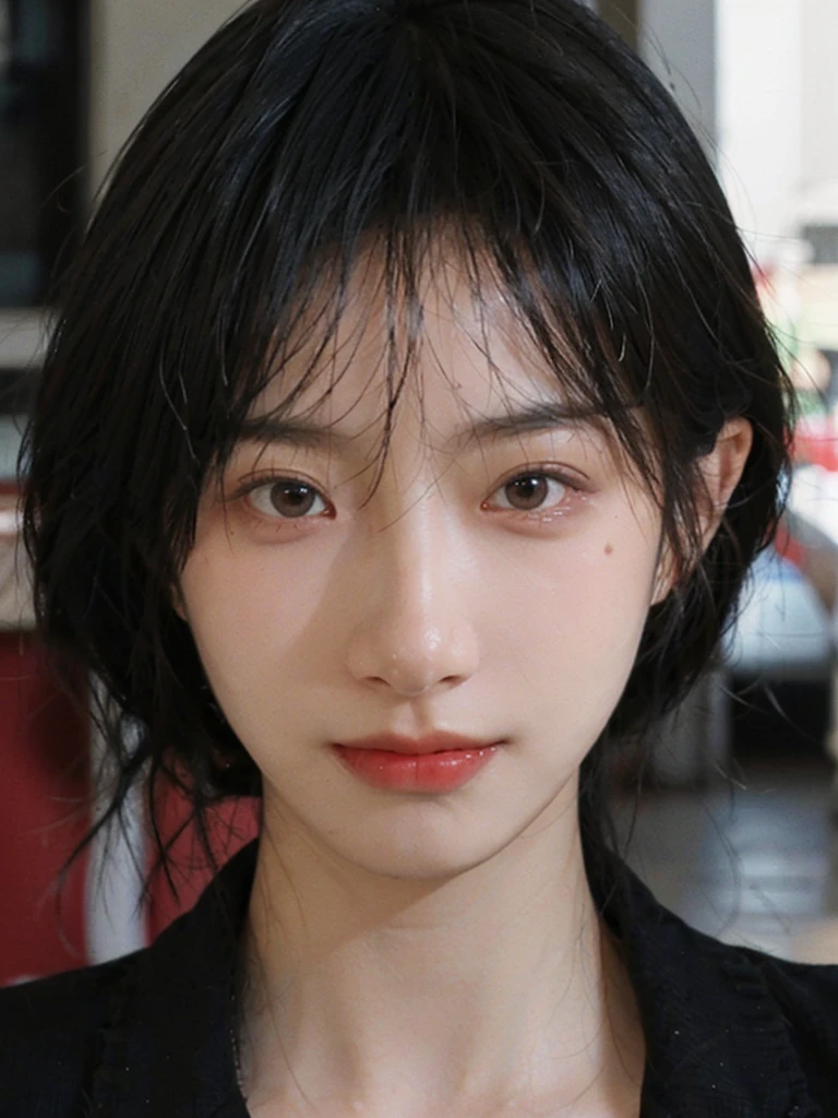 (Skin details:1.4), (smooth skin textures:1.3), (Upper Body:1.4),(Upper Body:1.3),(Black clothes:1.4),Lipstick, background, earrings, serene, calm, (Realistic and detailed eyes:1.2), Natural skin texture, Realistic facial details, Soft dramatic lighting, Vivid details, 35 mm film, outdoor, (Photo Practical:1.4), (hyper Practical:1.4), (Practical:1.3), (Smoother lighting:1.05), (Improve lighting quality:0.9), (Highest quality real skin textures:1.4), Exquisite eyes, Delicate face, Close-up of face, (Enhance the beauty of skin texture:1.1),0Normal body proportions, short hair, Moles under the eyes, A faint smile,Portrait Photography, Depth of Field, Bokeh, Surrealism, Ray Tracing, (Portrait Photography:1.1), Surrealism, High Detail, Chiaroscuro, Ray Tracing, reflected light, Ultra HD, Ultra HD, masterpiece, Textured Skin, Super Detail, High Detail, high quality, best quality