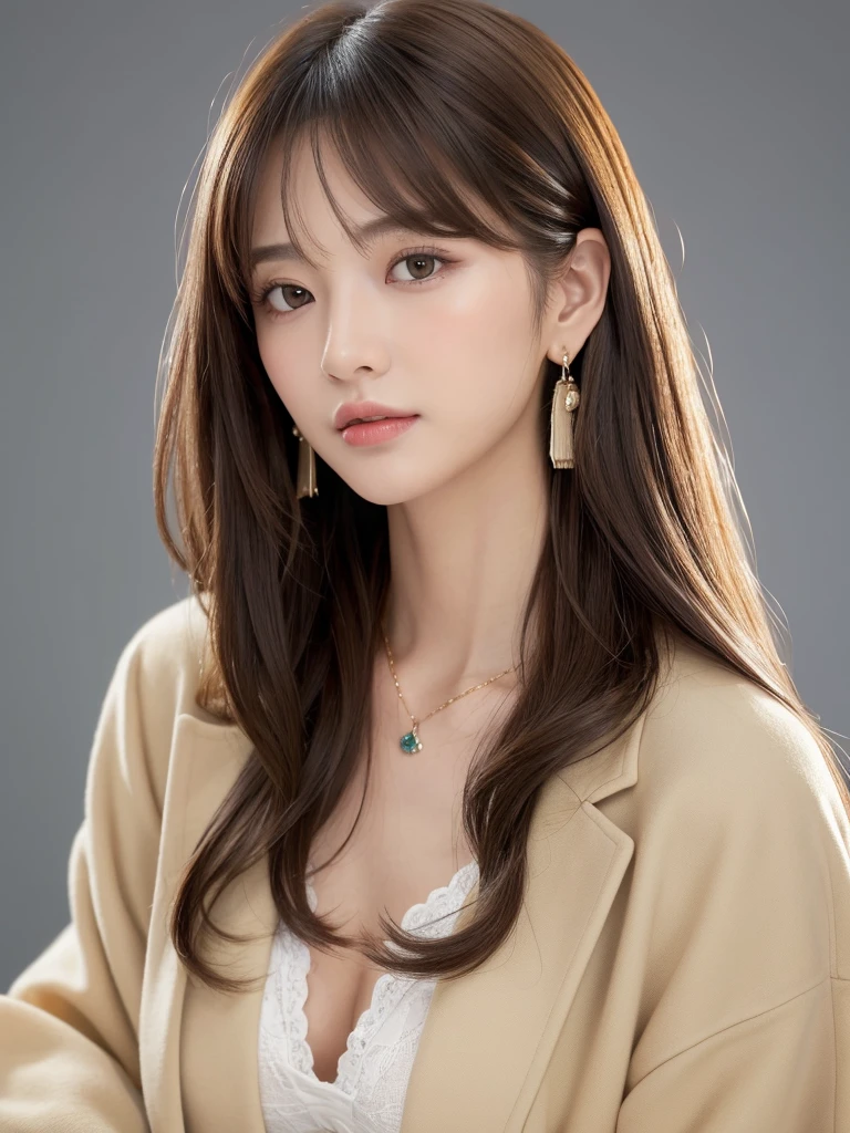 ((Highest quality, 8K, masterpiece:1.3)), concentrate: 1.2, Perfect body beauty: 1.4, Hips: 1.2, ((Long Hair, chest: 1.2)), (Dry clothes: 1.1) , (clear, Simple Background:1.3), Simple clothes: 1.1, Highly detailed face and skin texture,Delicate eyes, double eyelid, Whitened skin, Rough skin、Long Hair、Earrings with bangs、necklace、 solo、Beige coat、White shirt, (((Beautiful girl with cute Japan)))、 ((Beautiful Japanese girl 20 years old))、 ((Baby Face))、 (((Slender body)))、 Upper Body,Face focus、necklace,Simple Background,From above, Realistic Hair、 A photograph was taken:Canon EOS R6、135mm、1/1250 seconds、f2.8、ISO400、(Detailed explanation of the hand)、(Masseter muscle area)、(Exquisite CG)、Long Hair, loose and curly hair、Korean Hair、Long Hair明るいベージュ色、グラデーションハイライトグレージュのゆるふわLong Hairスタイル、
