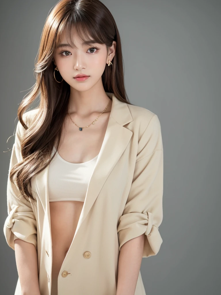  ((Highest quality, 8K, masterpiece:1.3)), concentrate: 1.2, Perfect body beauty: 1.4, Hips: 1.2, ((Long Hair, chest: 1.2)), (Dry clothes: 1.1) , (clear, Simple Background:1.3), Simple clothes: 1.1, Highly detailed face and skin texture,Delicate eyes, double eyelid, Whitened skin, Rough skin、Long Hair、Earrings with bangs、necklace、 solo、Beige coat、White shirt,  (((Beautiful girl with cute Japan)))、  ((Beautiful Japanese girl 20 years old))、 (())、 (((Slender body)))、  Upper Body，Face focus、necklace，Simple Background，From above， Realistic Hair、 A photograph was taken:Canon EOS R6、135mm、1/1250 seconds、f2.8、ISO400、(Detailed explanation of the hand)、(Masseter muscle area)、(Exquisite CG)、Long Hair, loose and curly hair、Korean Hair、Long Hair明るいベージュ色、グラデーションハイライトグレージュのゆるふわLong Hairスタイル、