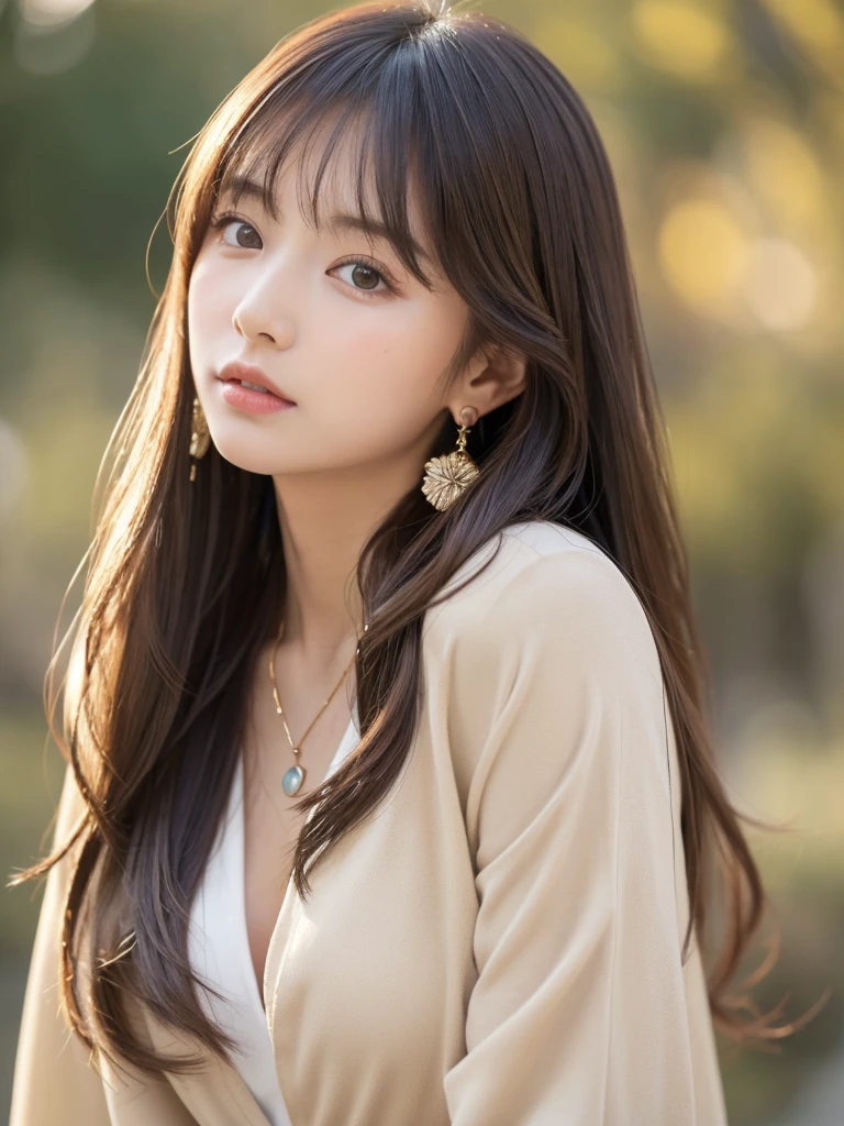  ((Highest quality, 8K, masterpiece:1.3)), concentrate: 1.2, Perfect body beauty: 1.4, Hips: 1.2, ((Long Hair, chest: 1.2)), (Dry clothes: 1.1) , (clear, Simple Background:1.3), Simple clothes: 1.1, Highly detailed face and skin texture,Delicate eyes, double eyelid, Whitened skin, Rough skin、Long Hair、Earrings with bangs、necklace、 solo、Beige coat、White shirt,  (((Beautiful girl with cute Japan)))、  ((Beautiful Japanese girl 20 years old))、 ((Baby Face))、 (((Slender body)))、  Upper Body，Face focus、necklace，Simple Background，From above， Realistic Hair、 A photograph was taken:Canon EOS R6、135mm、1/1250 seconds、f2.8、ISO400、(Detailed explanation of the hand)、(Masseter muscle area)、(Exquisite CG)、Long Hair, loose and curly hair、Korean Hair、Long Hair明るいベージュ色、グラデーションハイライトグレージュのゆるふわLong Hairスタイル、
