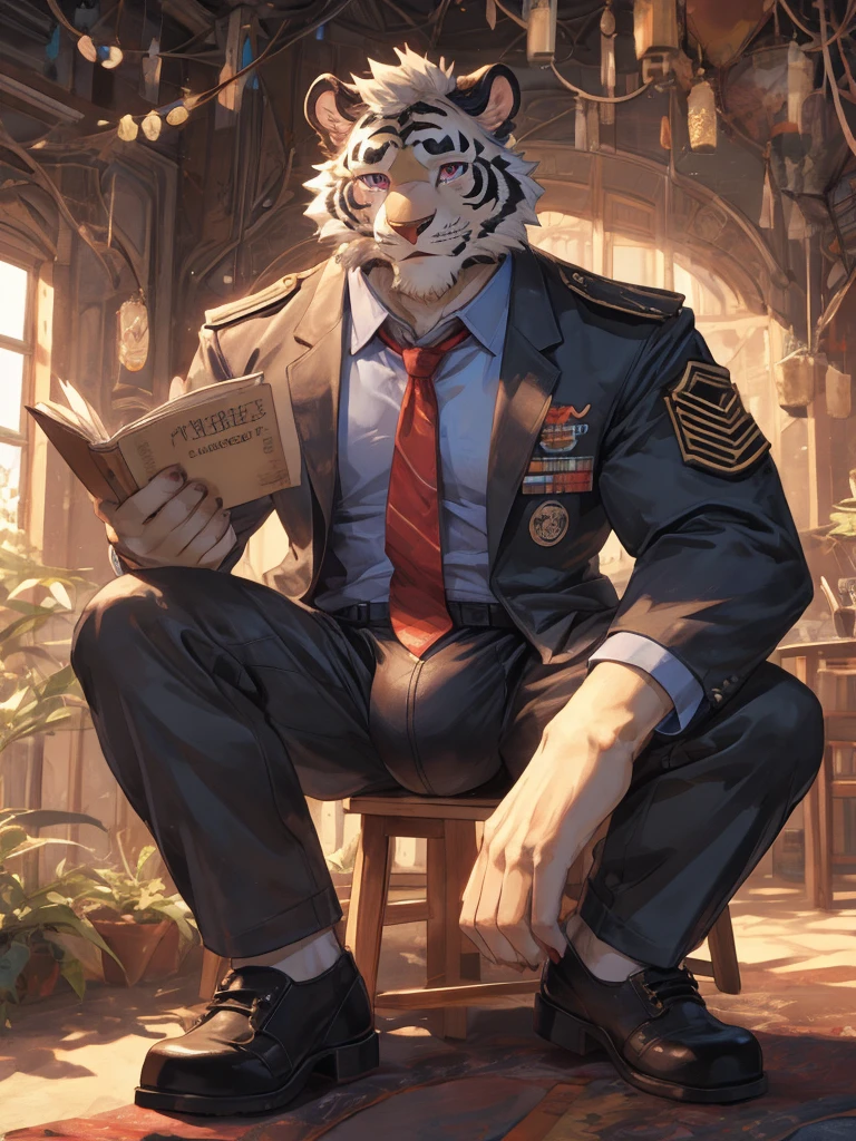 {{bara extremely handsome white tiger,}} {{white fur,}} white, wearing military like purple trench coat, purple trousers, white dress shirt and necktie, white fluffy furry body and limbs, loafers, very tall, very broad shoulders, narrow waist, muscular arms, massive pecs, purple eyes, very long legs, sitting on swivel chair with legs spread, massive bulge, reading file, sophisticated smart look, full body, sunlight casting over, 3/4 view, best quality, high quality, silver earring on left ear, sultry smirk