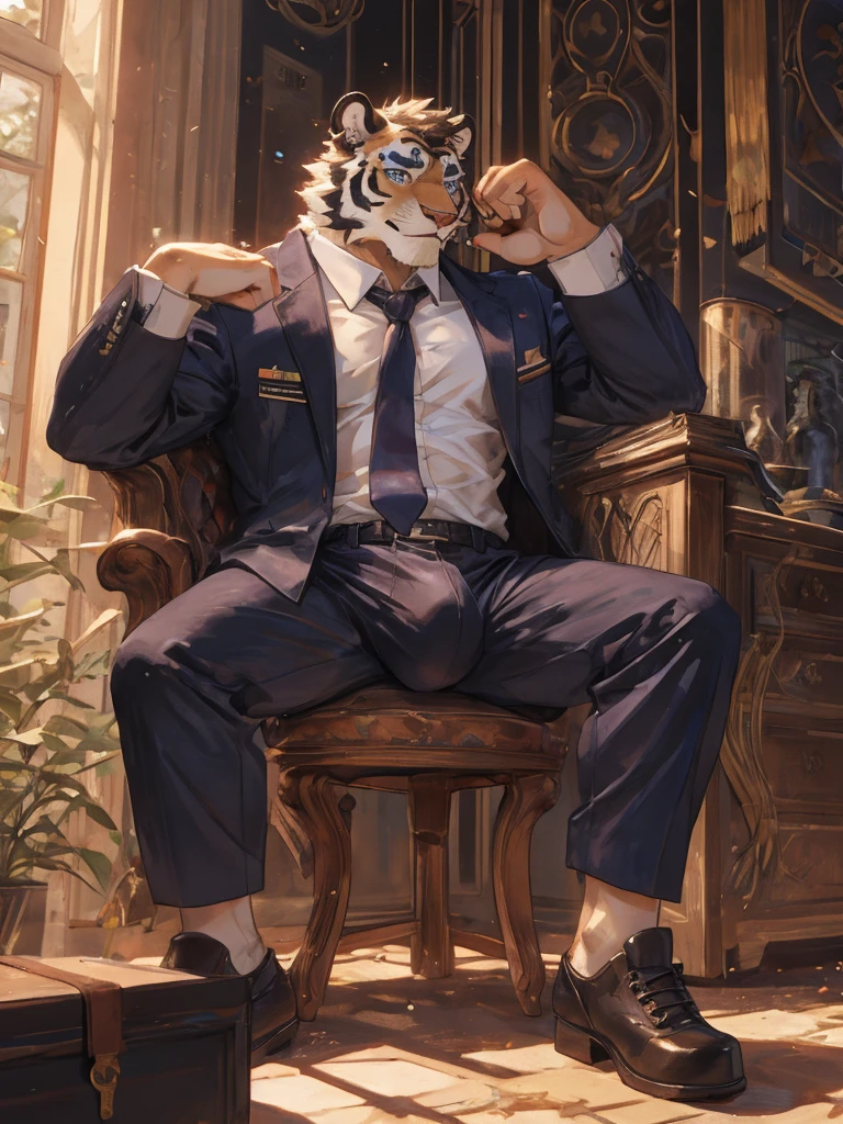 {{bara extremely handsome white tiger,}} {{white fur,}} white, wearing military like purple trench coat, purple trousers, white dress shirt and necktie, white fluffy furry body and limbs, loafers, very tall, very broad shoulders, narrow waist, muscular arms, massive pecs, purple eyes, very long legs, sitting on swivel chair with legs spread, massive bulge, reading file, sophisticated smart look, full body, sunlight casting over, 3/4 view, best quality, high quality, silver earring on left ear, sultry smirk