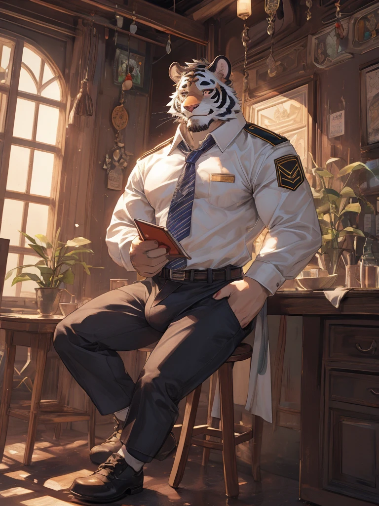 {{bara extremely handsome white tiger,}} {{white fur,}} white, wearing military like purple trench coat, purple trousers, white dress shirt and necktie, white fluffy furry body and limbs, loafers, very tall, very broad shoulders, narrow waist, muscular arms, massive pecs, purple eyes, very long legs,  sitting on swivel chair with legs spread, massive bulge, reading file, sophisticated smart look, full body, sunlight casting over, 3/4 view, best quality, high quality, silver earring on left ear, sultry smirk