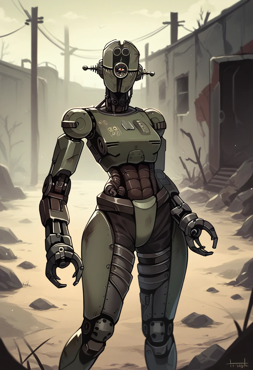 score_9, score_8_up, score_7_up, score_6_up, score_5_up, source_furry, assaultron, fallout, solo, looking at viewer, robot, humanoid robot, robot joints, one-eyed, joints, no humans, dark black skin, mechanical arms, science fiction, post-apocalypse, outside, robotic hand, 3 fingers, black armor with red parts
