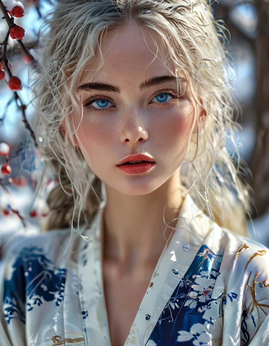 Bombshell beauty, close up of face, young woman, 22 year old woman, young, woman who looks like a model from Paris Fashion Week, silver long hair, silver eyebrows, blue eyes, beautiful detailed eyes, white skin, perfect face, high resolution, sharp focus, ultra detailed, highly detailed, photorealistic artwork, highly detailed CG unity, 8k, wallpaper, vibrant colors, vibrant themes, exquisite, masterpiece, best quality, artistic photography, photo by sldr, exquisite background) perfectly rendered face, perfect facial details, realistic face, photorealistic, exquisite details, realism, snowstorm, full body, paint toes, wide field of view, background is snowy mountains, full moon night, white kimono