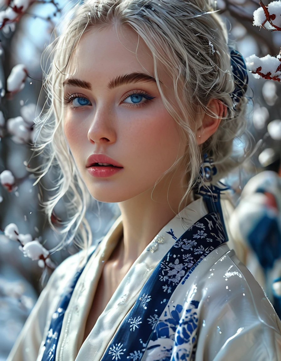 Bombshell beauty, close up of face, young woman, 22 year old woman, young, woman who looks like a model from Paris Fashion Week, silver long hair, silver eyebrows, blue eyes, beautiful detailed eyes, white skin, perfect face, high resolution, sharp focus, ultra detailed, highly detailed, photorealistic artwork, highly detailed CG unity, 8k, wallpaper, vibrant colors, vibrant themes, exquisite, masterpiece, best quality, artistic photography, photo by sldr, exquisite background) perfectly rendered face, perfect facial details, realistic face, photorealistic, exquisite details, realism, snowstorm, full body, paint toes, wide field of view, background is snowy mountains, full moon night, white kimono