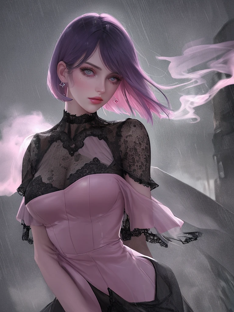 rain,Beauty,High nose,Long eyelashes,目にLight,Pink Lips,Closed Mouth,pastel colour,purple,Dull pink,Dull Blue,heart,Bobcut,Light,Strong winds,Fluttering Hair,Earrings,Smoke a cigarette,bad,cigarette,目にLight,Black Dress,Black lace,Black Hair,Inner color hair