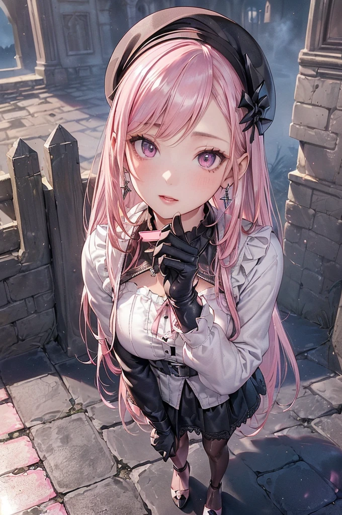 ((Biologically correct limb count))、(( From head to toe、Full-body photo including face))、4K、((Standing position))、masterpiece、((Focus on the face))、((Symmetrical facial features))、Eyes with detailed description、Beautiful woman、Great style、Beautiful arms、Beautiful legs、Beautiful Hands、(Small Ass、Thin thighs)、Facial detailing、Small earrings、necklace、(beret、Red and black leather gothic dress、((High heels、Patterned stockings)))、((Standing in front of an old castle in the setting sun, looking up))、Close-up photo of the upper body、Silk gloves、(((Platinum pink hair)))、(Thick fog)