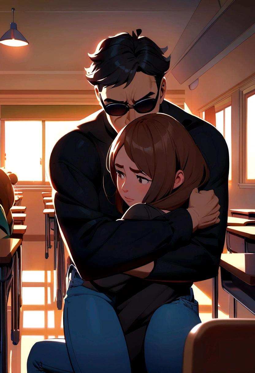 Pixar-style: adult man, black black hair, Hugging a woman with long brown hair wearing sunglasses, Jeans and black shirt in a classroom