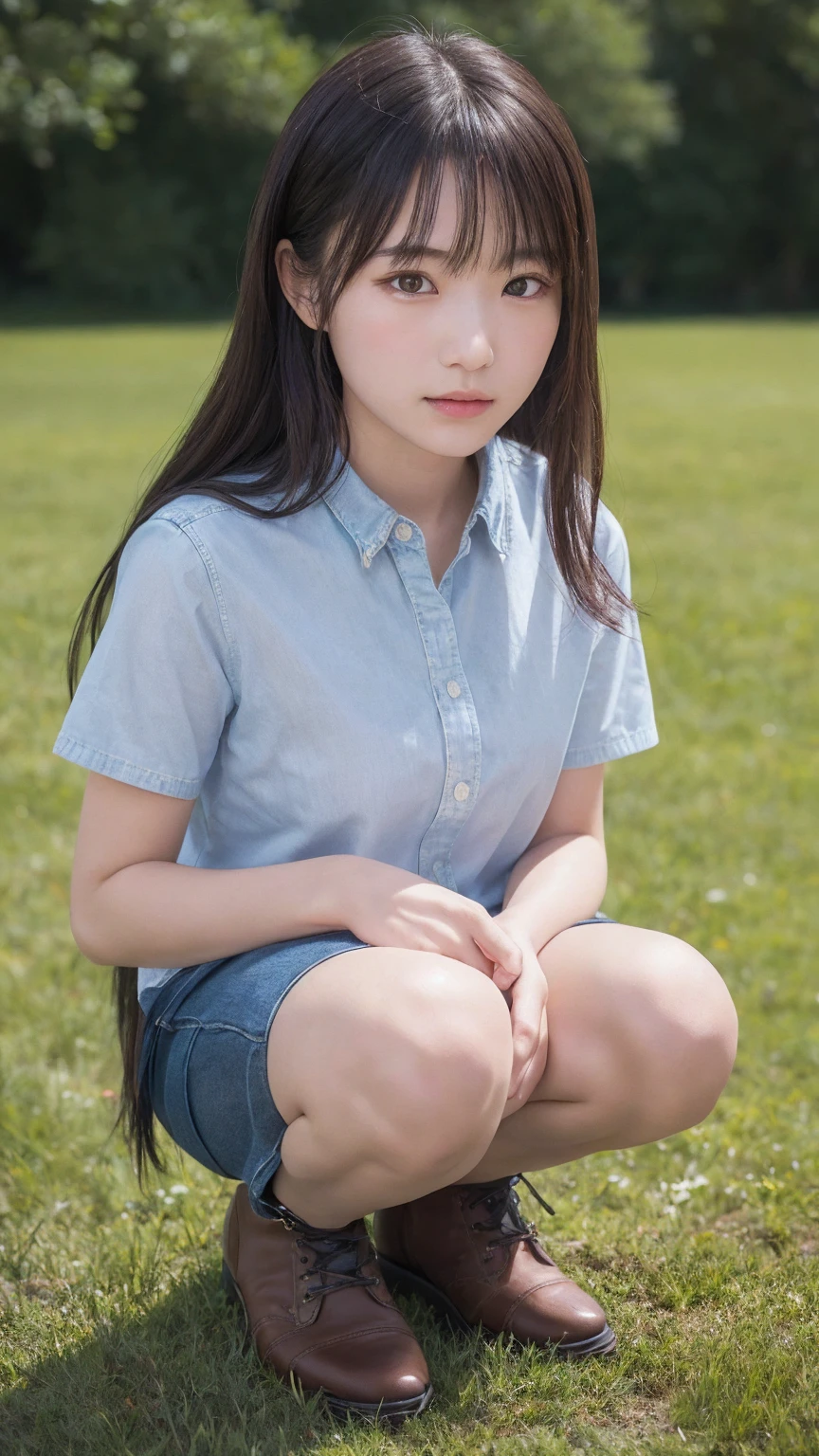 1 Female,((One girl)),((16 years:1)), cowboy_shot,(from_front:1.5),Eye of the worm,squat,自分のfeetを抱きしめる, On the grass,10 generations, Very young,純真なbeautiful少女たち, Idol's face, Delicate girl:1,feet,knees,(elegant_Sandals:1),(Tunic blouse:1.0), (Ruffled tops:1.0), (trainer:1),(cardigan:1),Sleeves are longer than the wrist, overly too long sleeves, (denim_skirt:1.3),at the park,(knees_Away:0.8),(white_elegant_pantiess are visible:1.3),(seamless_pantiess:1.3), (Camel Toe:1), (race_embroidery_panties:0.8), masterpiece, Highest quality, 8K,(beautiful_skin:1),Detailed face,Smooth bristles, Glowing black eyes,Sparkling eyes,Childish,RAW Photos, Professional Lighting, Film Grain, chromatic aberration,Expressionless, (Small eyes and face:1.0), (Bokeh:1.1),School Bags