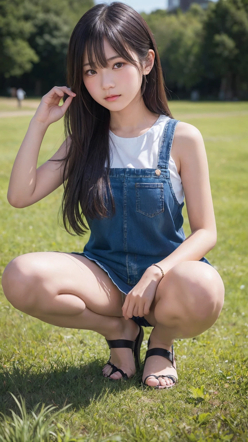 1 Female,((One girl)),((16 years:1)), cowboy_shot,(from_front:1.5),Eye of the worm,squat,自分のfeetを抱きしめる, On the grass,10 generations, Very young,純真なbeautiful少女たち, Idol&#39;s face, Delicate girl:1,feet,knees,(elegant_Sandals:1),(Tunic blouse:1.0), (Ruffled tops:1.0), (trainer:1),(cardigan:1),Sleeves are longer than the wrist, overly too long sleeves, (denim_skirt:1.3),at the park,(knees_Away:0.8),(white_elegant_pantiess are visible:1.3),(seamless_pantiess:1.3), (Camel Toe:1), (race_embroidery_panties:0.8), masterpiece, Highest quality, 8K,(beautiful_skin:1),Detailed face,Smooth bristles, Glowing black eyes,Sparkling eyes,Childish,RAW Photos, Professional Lighting, Film Grain, chromatic aberration,Expressionless, (Small eyes and face:1.0), (Bokeh:1.1),School Bags