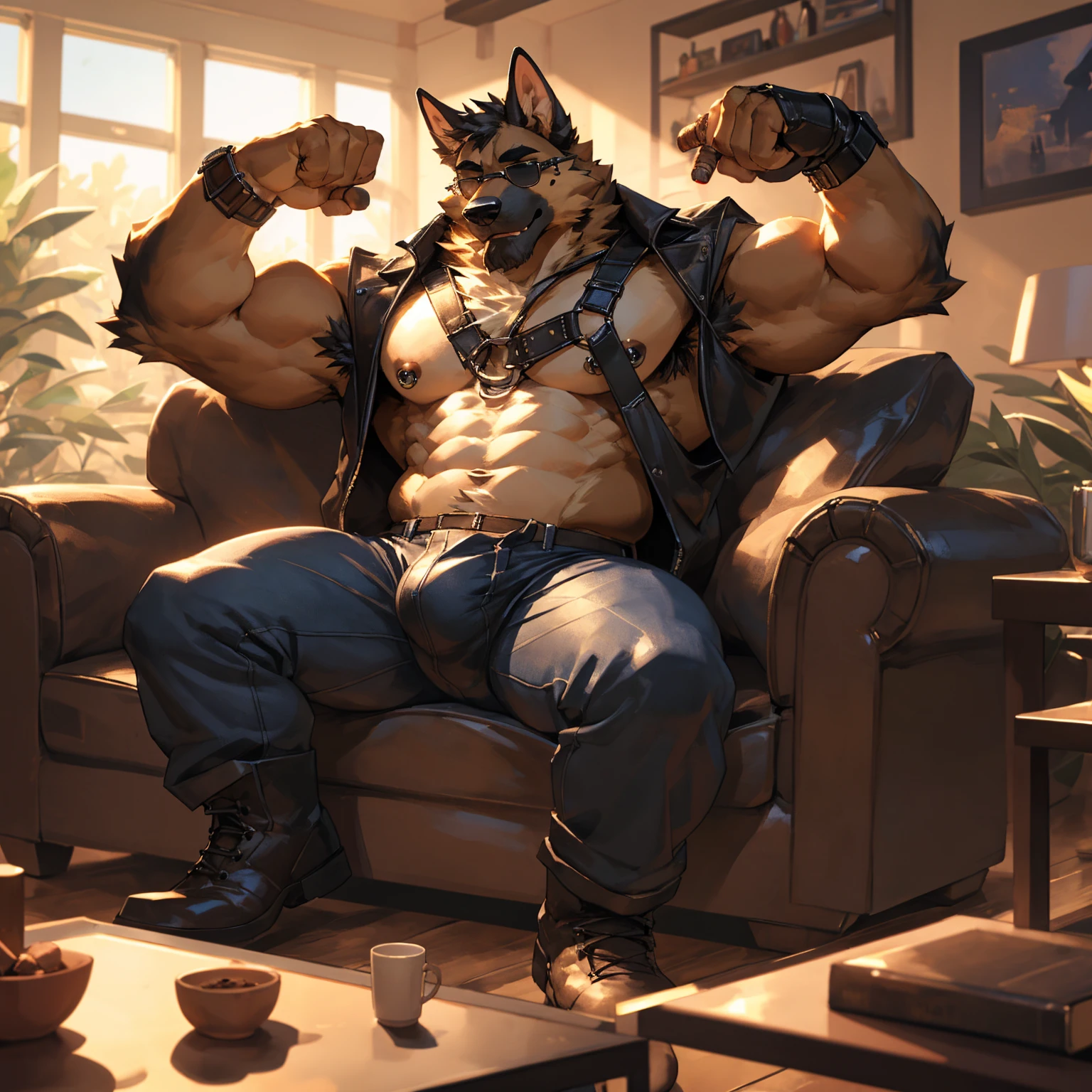 Solo, male, medium muscular, german shepherd, dog, shirtless, leather vest, blue jeans, leather chest harness, gun holster, leather fingerless gloves, fingerless gloves, workboots, boots on the coffee table, cigar, cigar in mouth, nipple piercing ((focus body, furry focus, shades focus, body shades)) nice body, sitting, sofa, posing, one arm raised, flexing one arm, exposed right armpit, armpit hair, groping bulge, left hand on bulge, touching crotch, model, light, shades, 4k, high quality (((living room background, house))), by darkgem, by mystikfox61