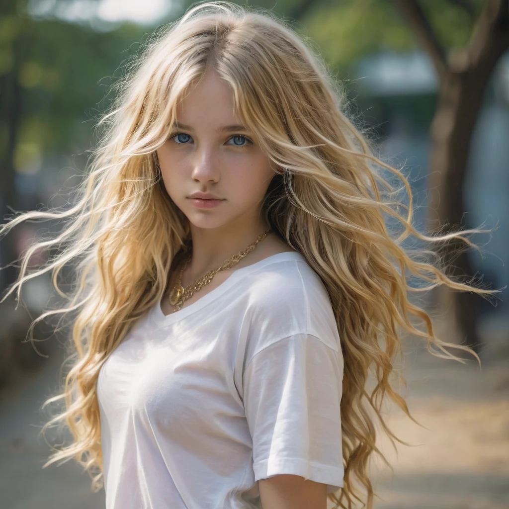 1girl in, age16, Solo, Long wavy hair, , long messy windy blonde hair, looking at camera, o-face, blonde hair, jewelry, Full body, (extremely detailed 8k wallpaper), soft lighting, high quality, film grain, Fujifilm XT3 sharp focus, f 5.6, 50mm, High Detail, Sharp focus,(natural light), (seductive), revealing, Realistic, sexy, tight white t-shirt