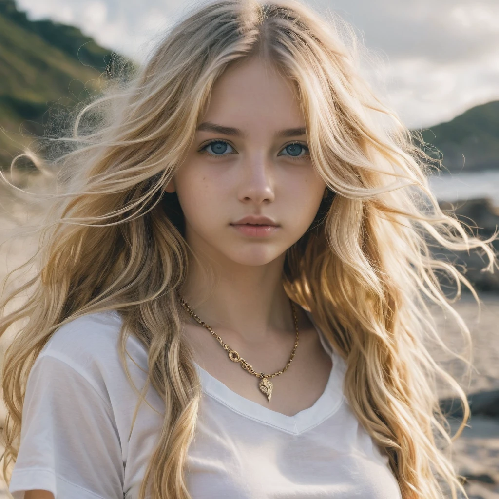 1girl in, age16, Solo, Long wavy hair, , long messy windy blonde hair, looking at camera, o-face, blonde hair, jewelry, Full body, (extremely detailed 8k wallpaper), soft lighting, high quality, film grain, Fujifilm XT3 sharp focus, f 5.6, 50mm, High Detail, Sharp focus,(natural light), (seductive), revealing, Realistic, sexy, tight white t-shirt