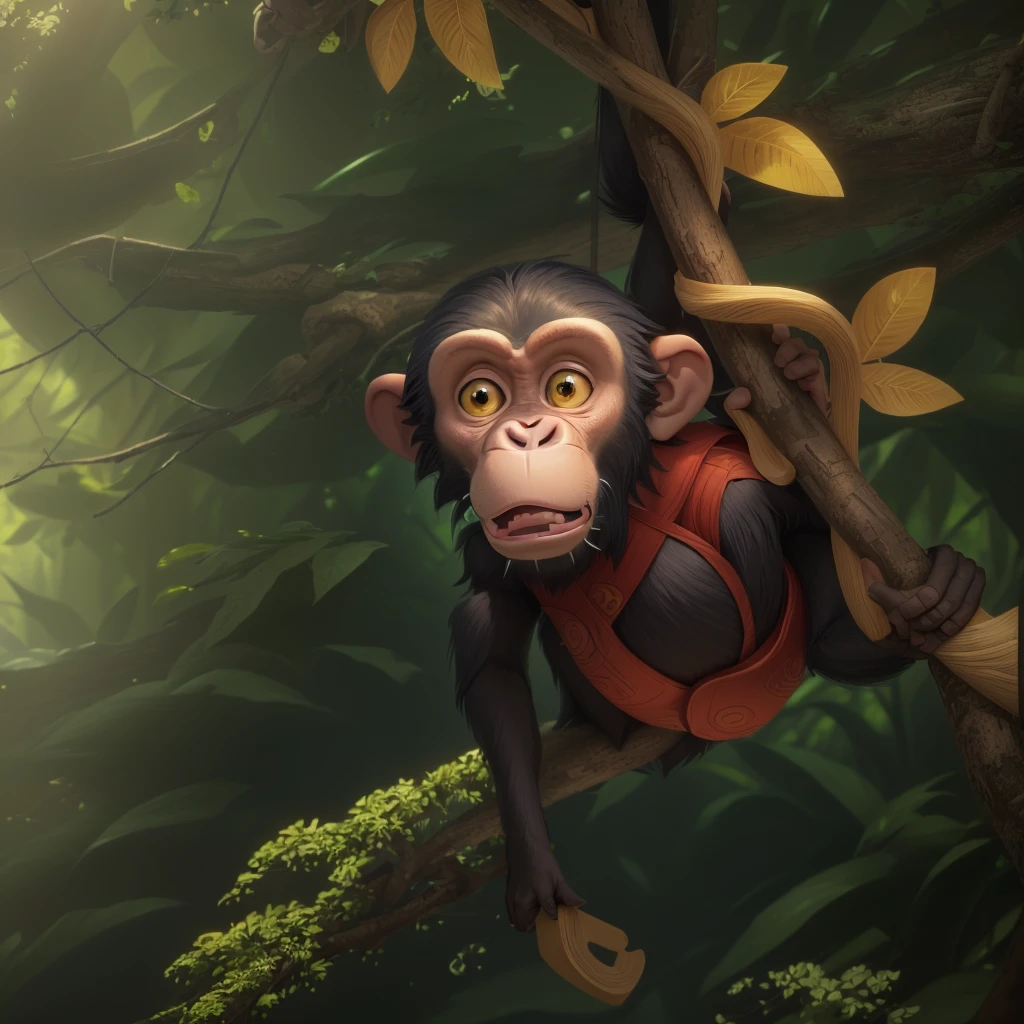 cartoon monkey hanging from a tree branch in a jungle, apes hanging from vines, animated movie still, monkey, cyber monkey in the scifi forest, chimpanzee, animated film still, animation still, subject= chimp, animated movie scene, animated still, animation film still, clever monkey, disney 2d animation still, bored ape nft