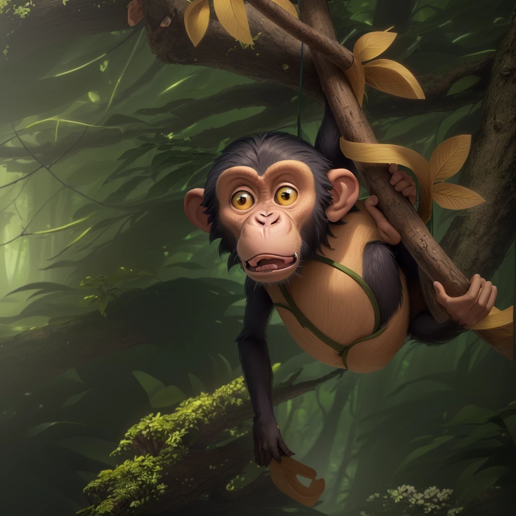 cartoon monkey hanging from a tree branch in a jungle, apes hanging from vines, animated movie still, monkey, cyber monkey in the scifi forest, chimpanzee, animated film still, animation still, subject= chimp, animated movie scene, animated still, animation film still, clever monkey, disney 2d animation still, bored ape nft