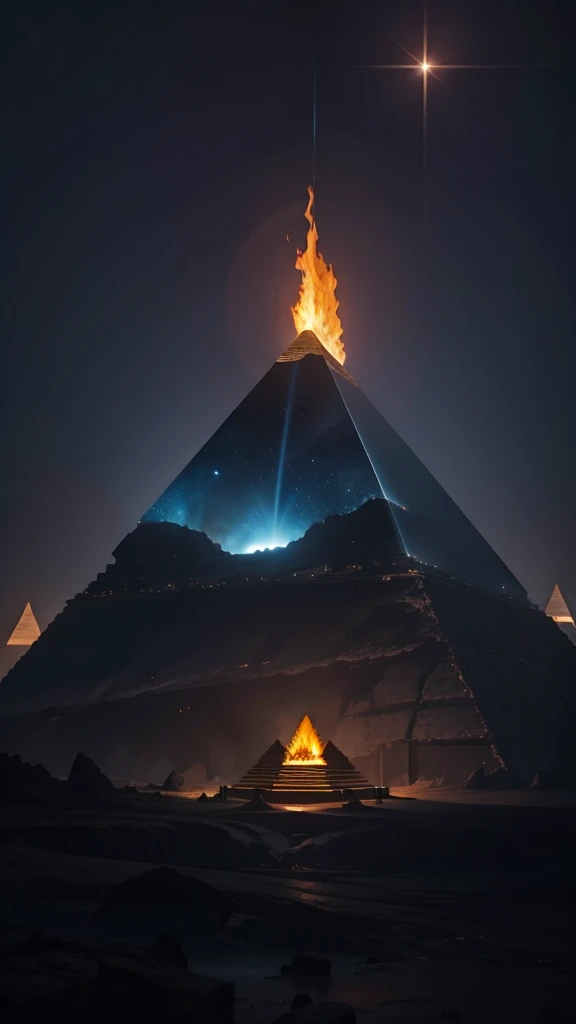 pyramid formed of pure energy, below the pyramid a cave with live fire, at the top of the pyramid energy dissipates throughout the cosmos, dark background