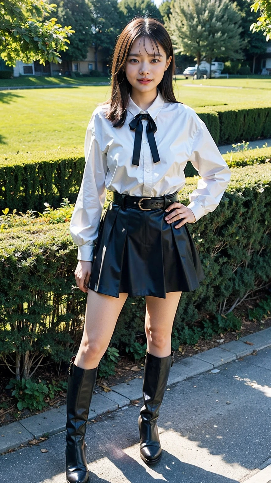 (8K、RAW Photos、Highest quality、masterpiece:1.2)、(Realistic、Realistic)、1 Girl、((mini skirt、black、Thin legs、whole body、boots、blackいコート、one piece、garden、smile、View from the front、Ribbon on chest、Looking into the camera、belt、Stand with hands on hips))、